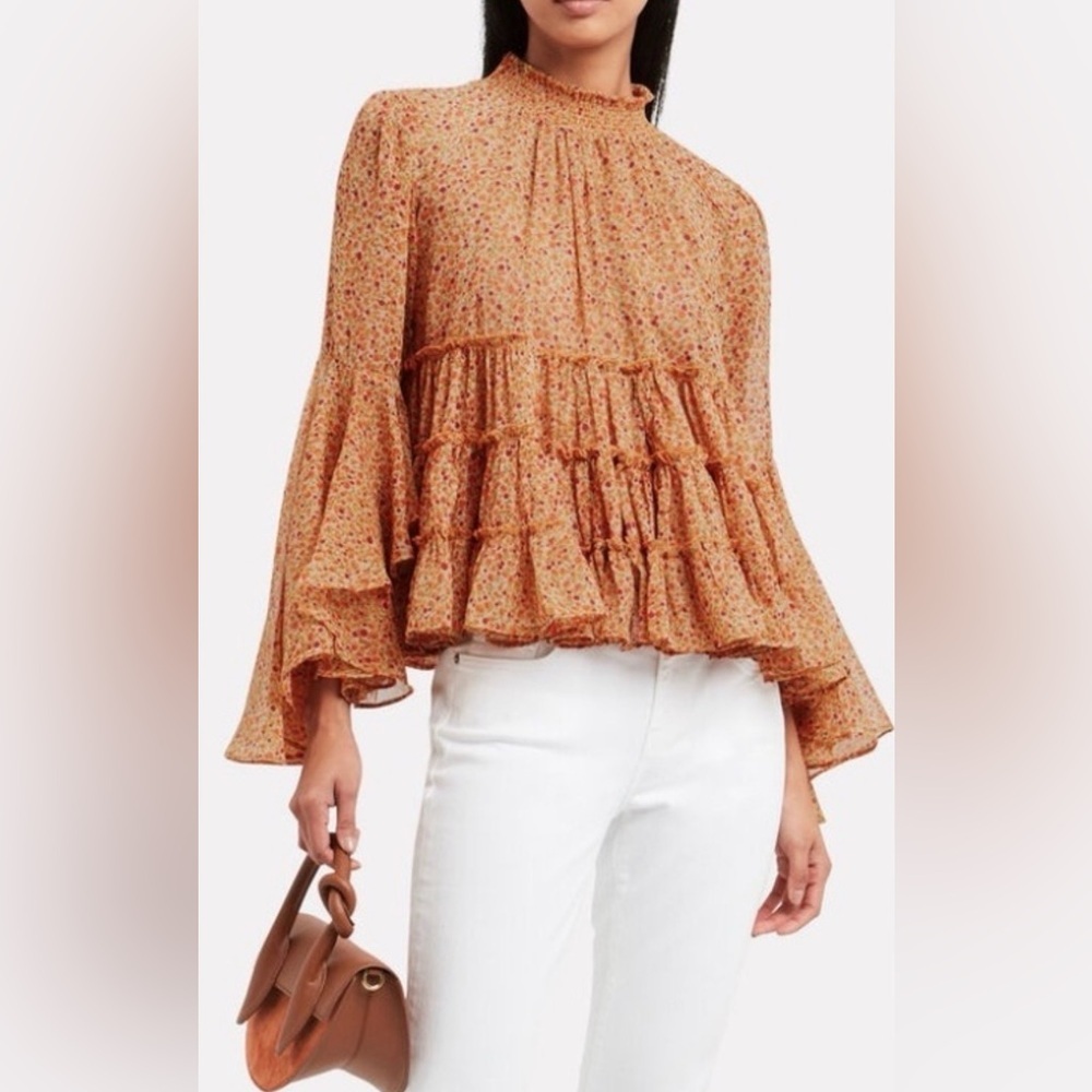 By TiMo “Sundrop” Tiered Ruffle Floral Blouse – Orange Polka Dot | XL
